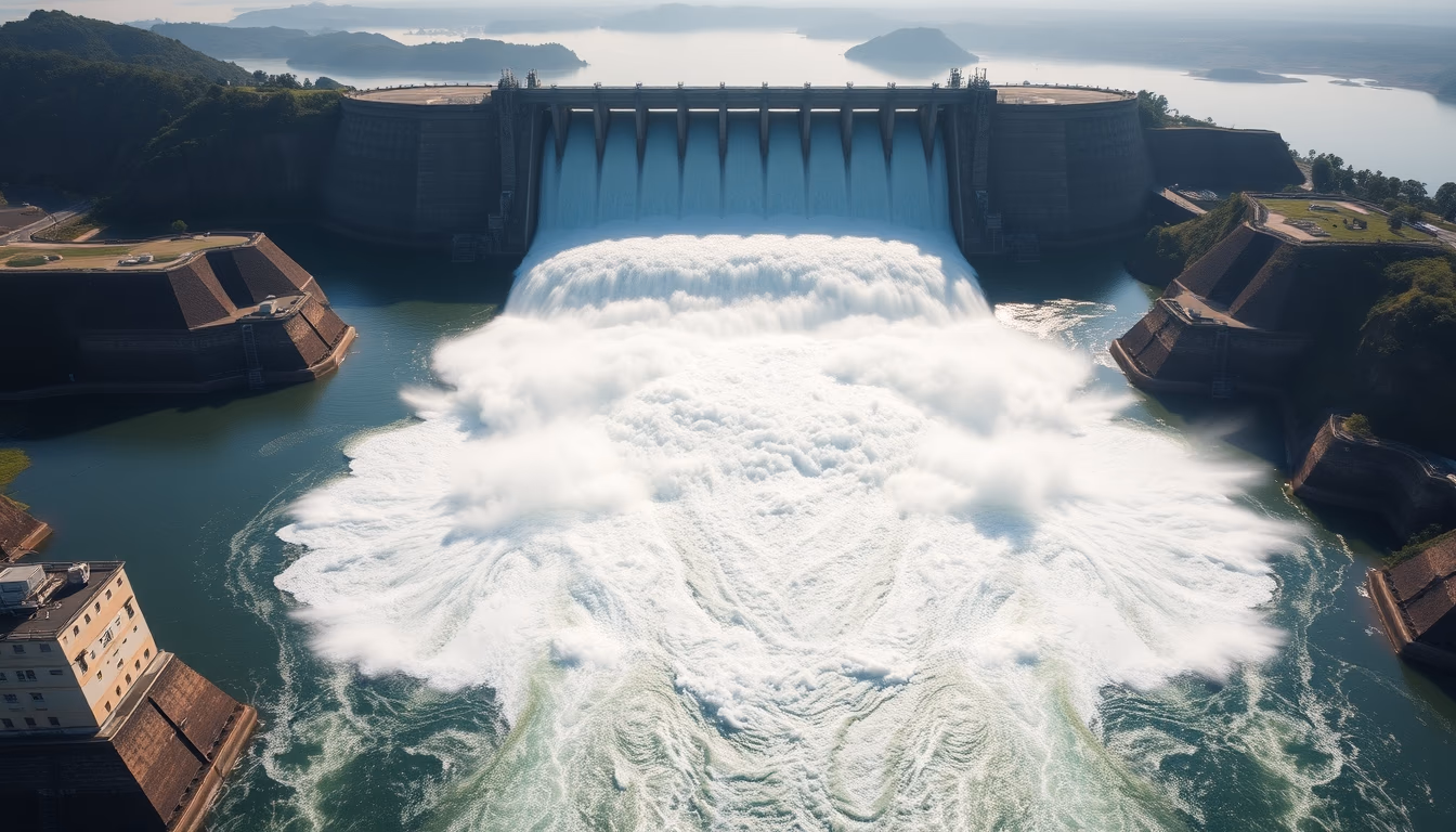Itaipu hydroelectric dam aerial view with massive water release in editorial style