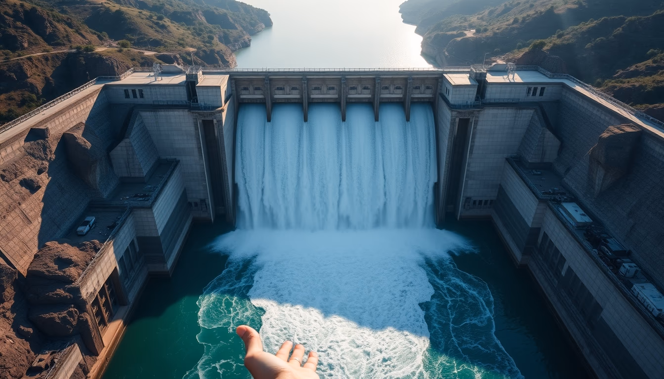 Itaipu hydroelectric dam aerial view with massive water release in editorial style