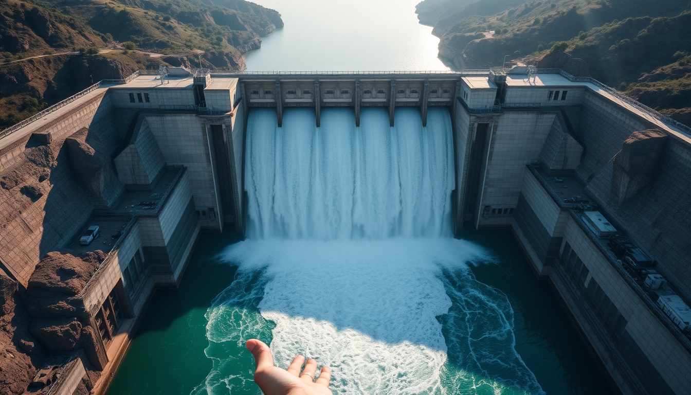 Itaipu hydroelectric dam aerial view with massive water release in editorial style