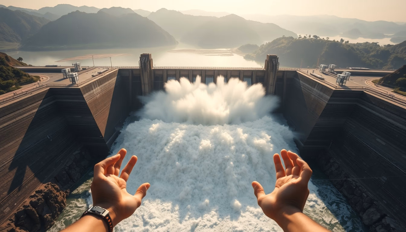 Itaipu hydroelectric dam aerial view with massive water release in editorial style