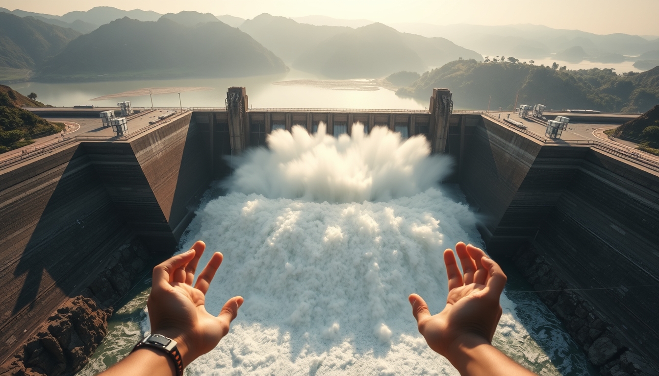Itaipu hydroelectric dam aerial view with massive water release in editorial style