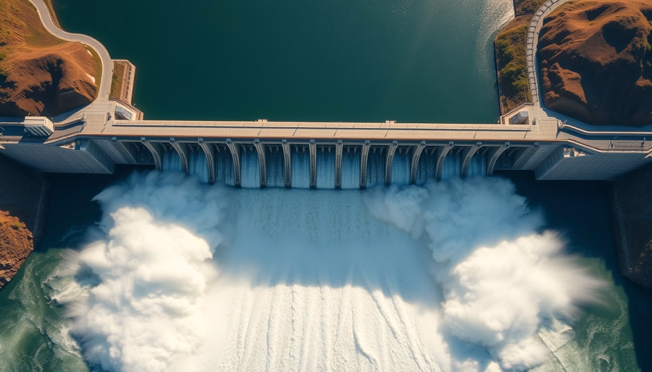 Itaipu hydroelectric dam aerial view with massive water release in editorial style