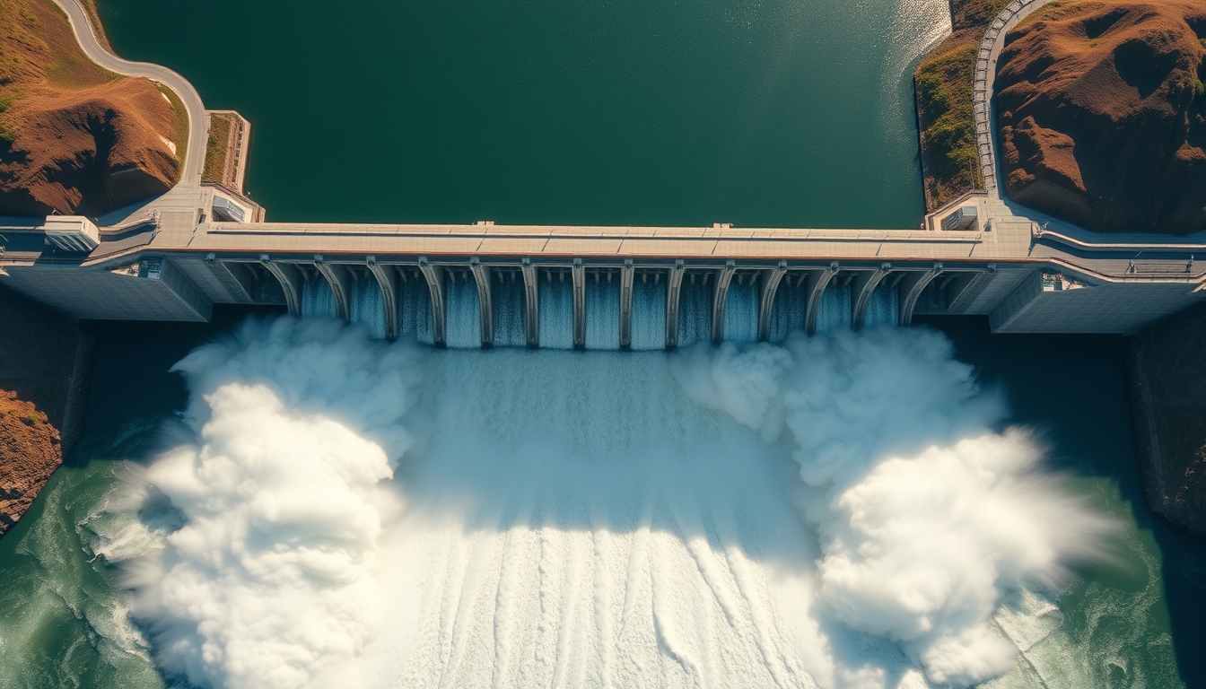 Itaipu hydroelectric dam aerial view with massive water release in editorial style