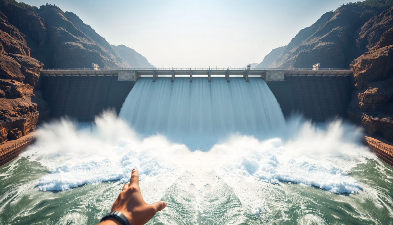 Itaipu hydroelectric dam aerial view with massive water release in editorial style