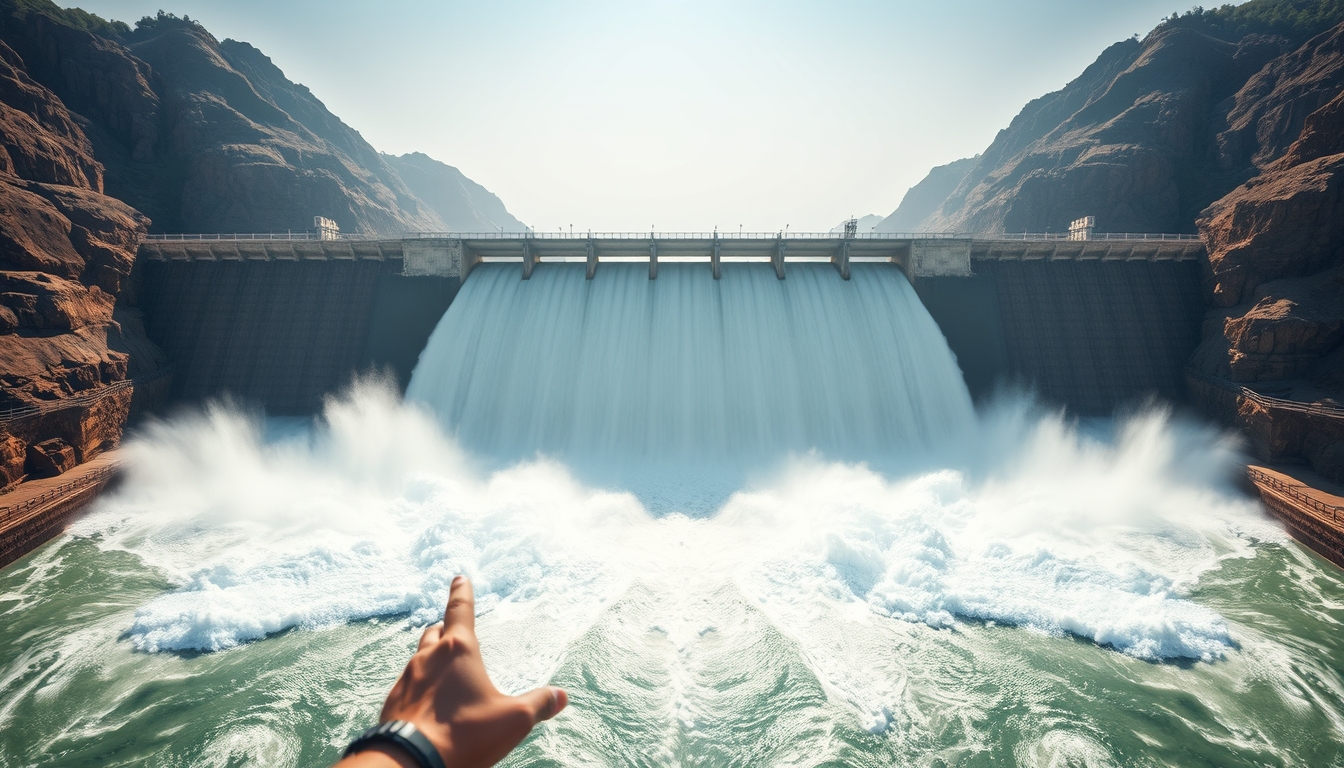 Itaipu hydroelectric dam aerial view with massive water release in editorial style