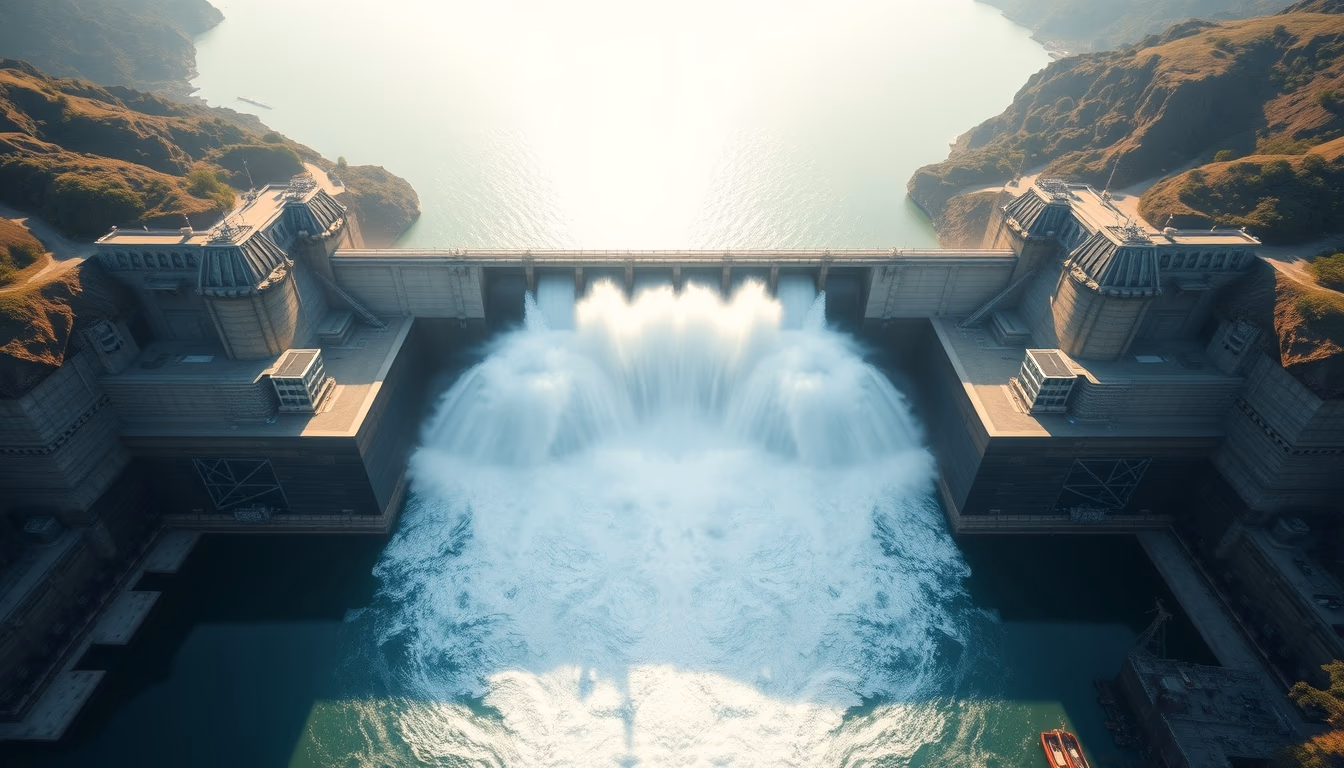 Itaipu hydroelectric dam aerial view with massive water release in editorial style