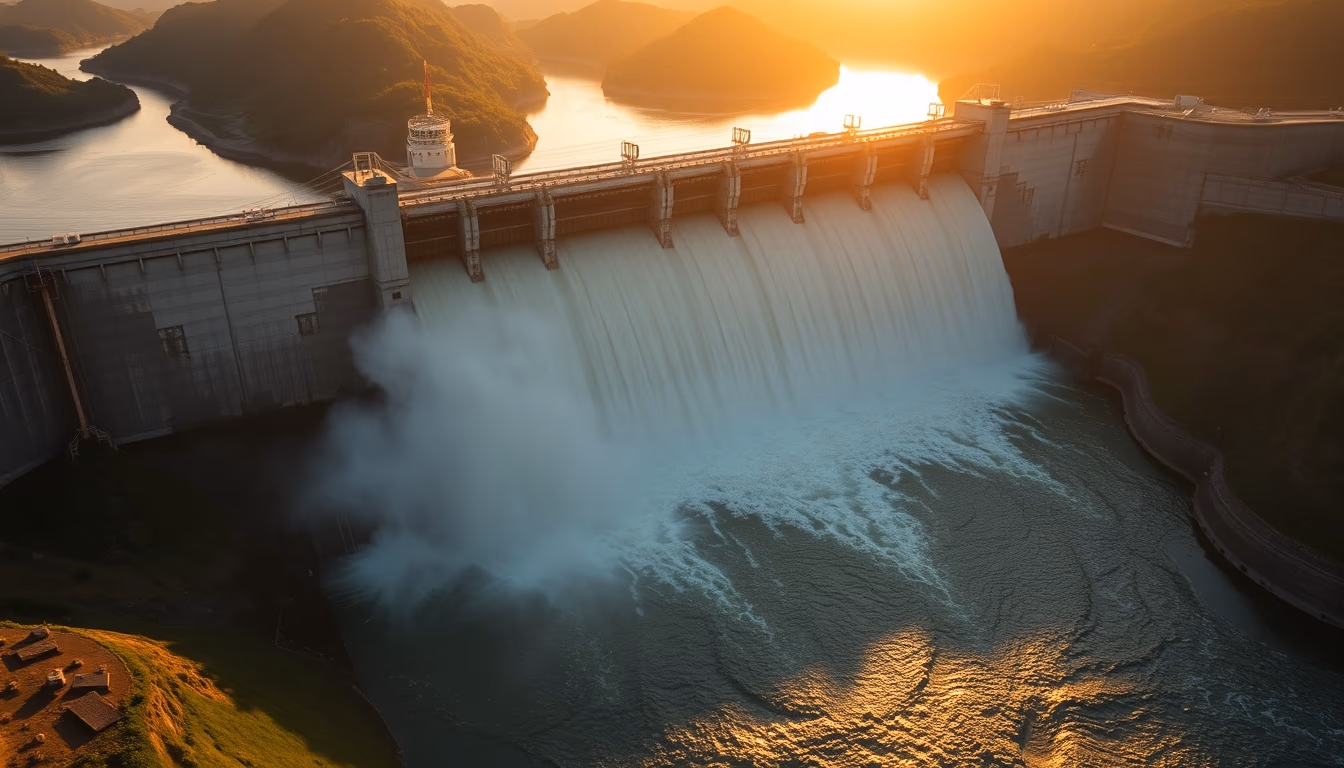 Itaipu hydroelectric dam aerial view with massive water release in editorial style