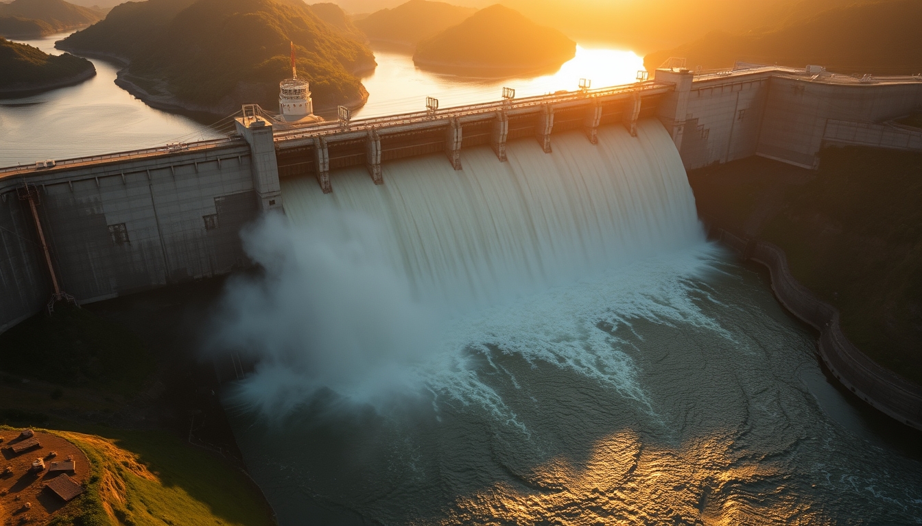 Itaipu hydroelectric dam aerial view with massive water release in editorial style