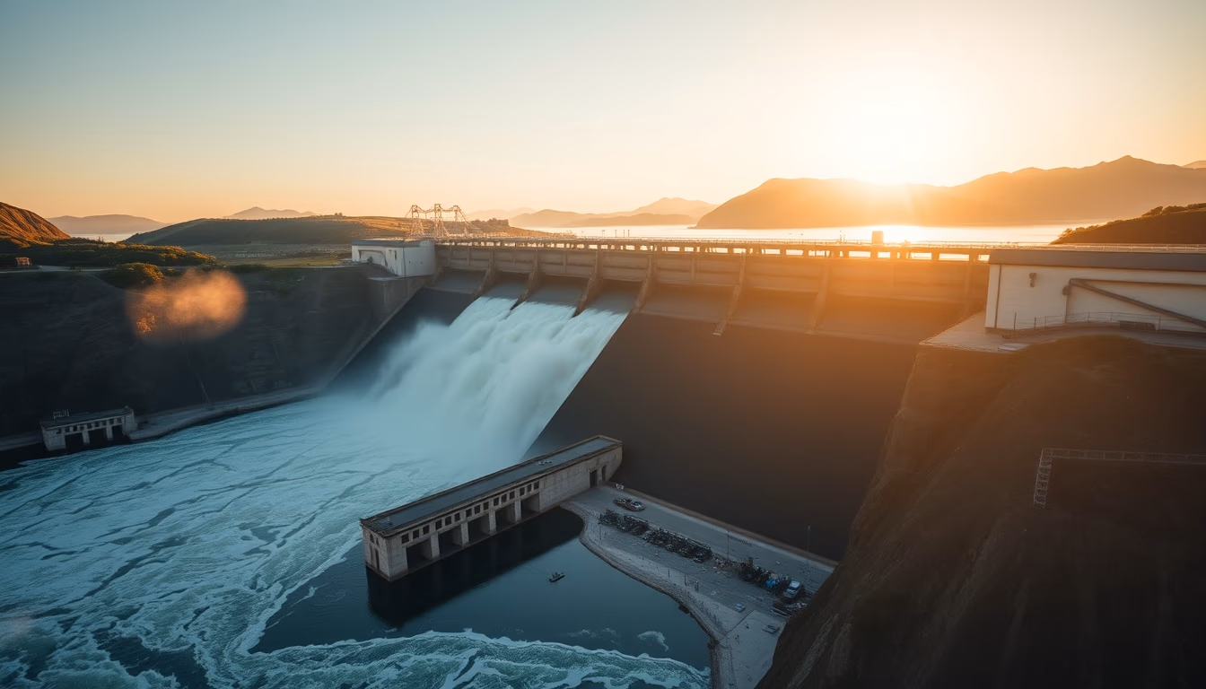 Itaipu hydroelectric dam aerial view with massive water release in editorial style