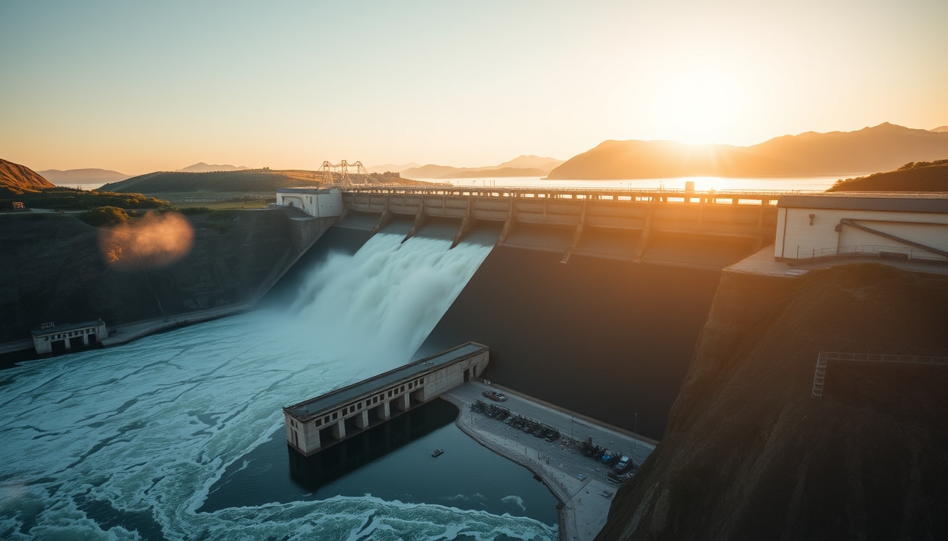 Itaipu hydroelectric dam aerial view with massive water release in editorial style