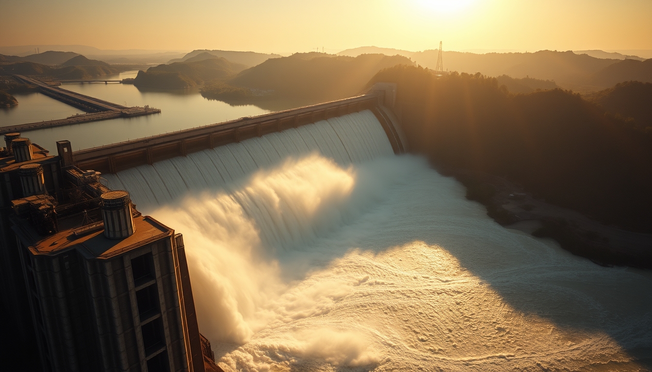 Itaipu hydroelectric dam aerial view with massive water release in editorial style