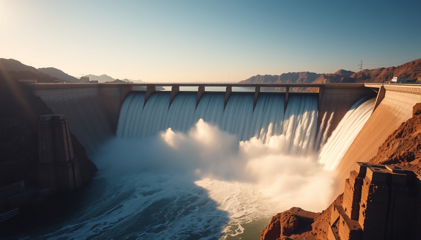 Itaipu hydroelectric dam aerial view with massive water release in editorial style