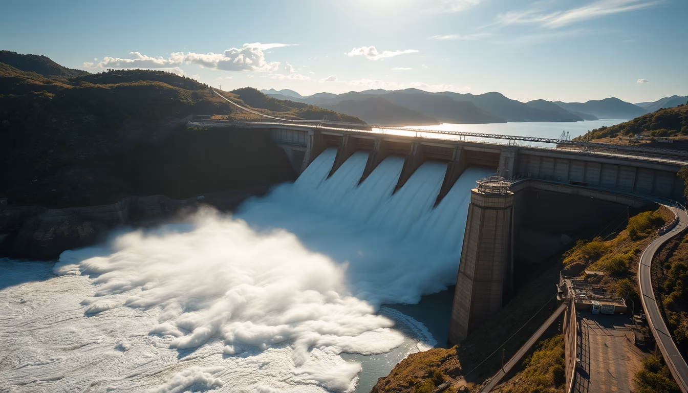 Itaipu hydroelectric dam aerial view with massive water release in editorial style