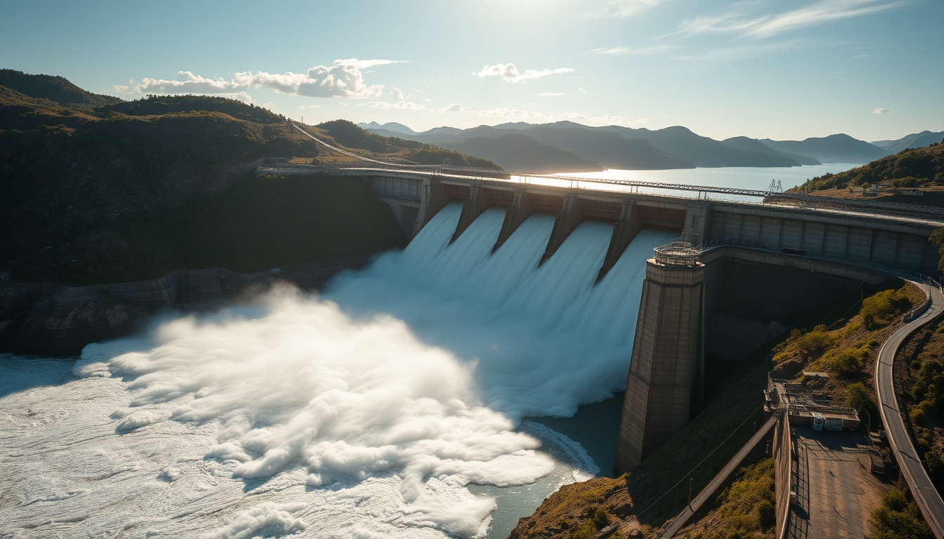 Itaipu hydroelectric dam aerial view with massive water release in editorial style