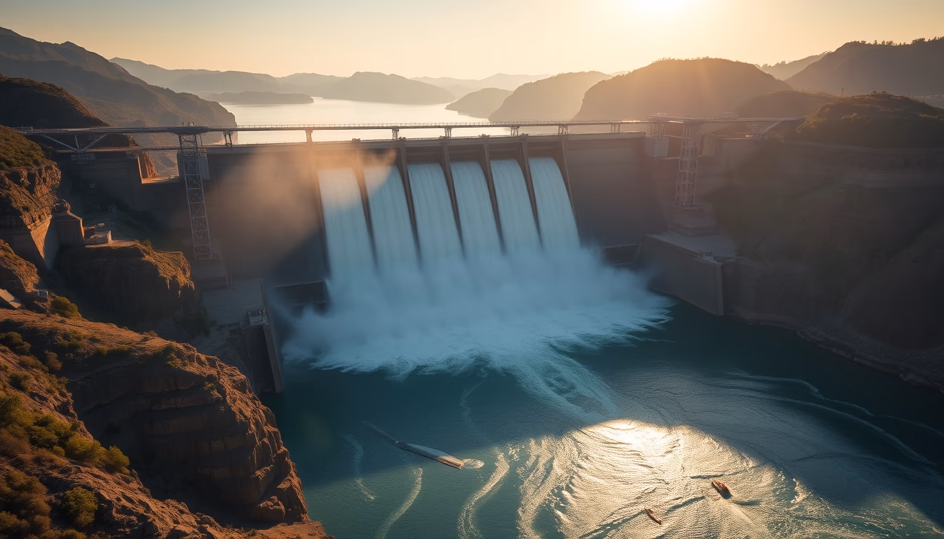 Itaipu hydroelectric dam aerial view with massive water release in editorial style