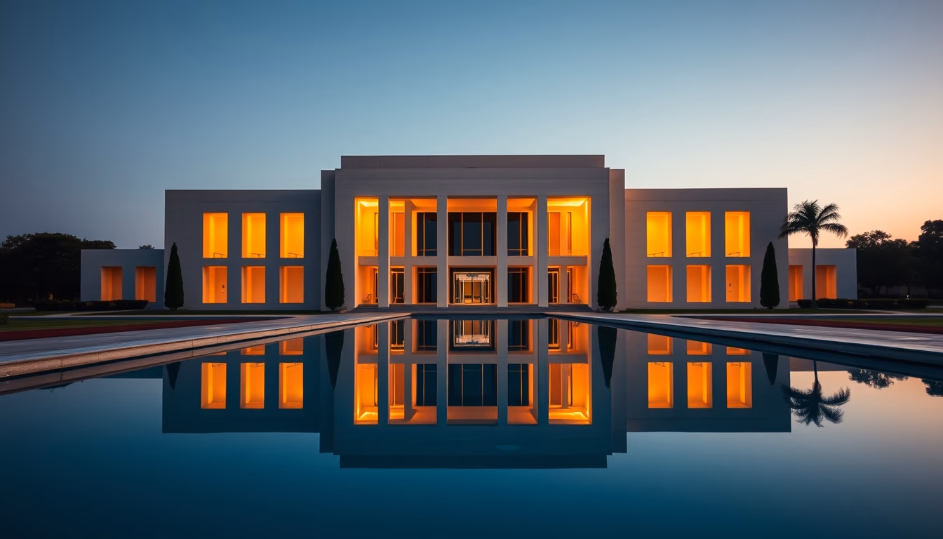 Itamaraty Palace modernist exterior with reflecting pool in Brasília in editorial style