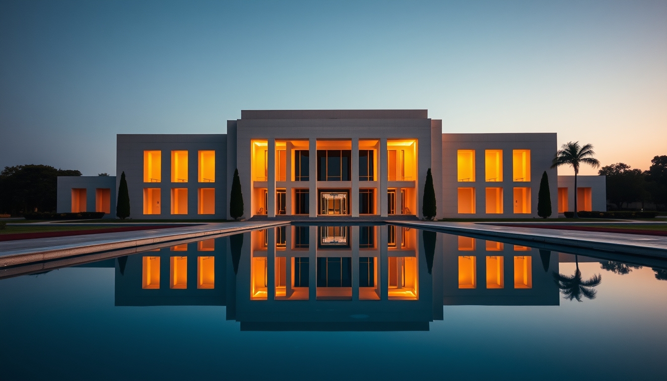 Itamaraty Palace modernist exterior with reflecting pool in Brasília em estilo editorial