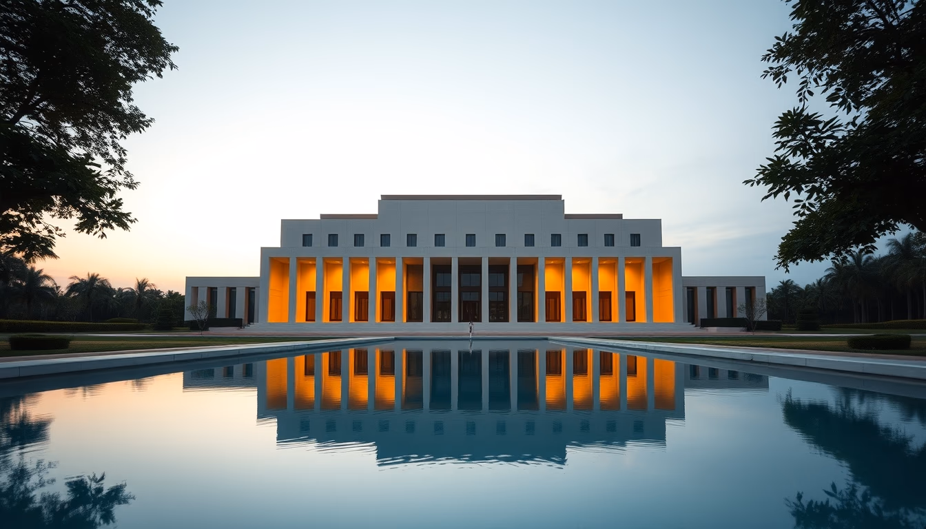 Itamaraty Palace modernist exterior with reflecting pool in Brasília in editorial style
