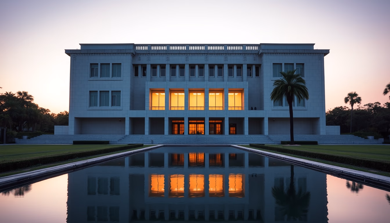 Itamaraty Palace modernist exterior with reflecting pool in Brasília in editorial style