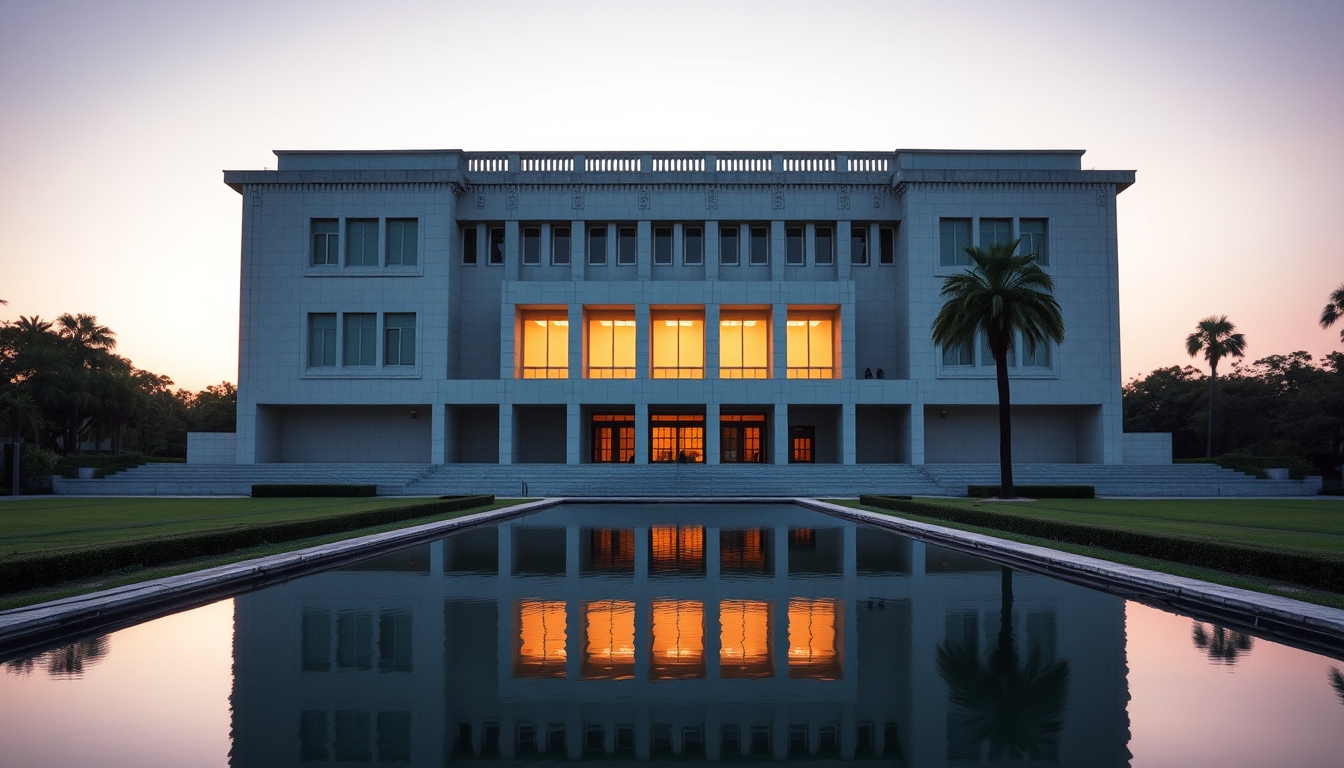 Itamaraty Palace modernist exterior with reflecting pool in Brasília em estilo editorial