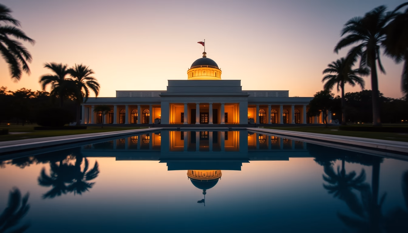 Itamaraty Palace modernist exterior with reflecting pool in Brasília in editorial style