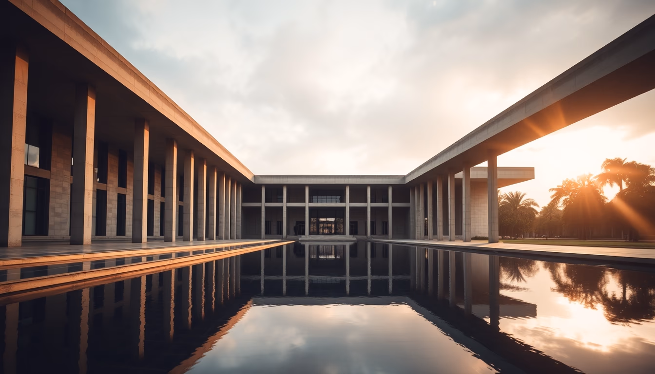 Itamaraty Palace modernist exterior with reflecting pool in Brasília in editorial style