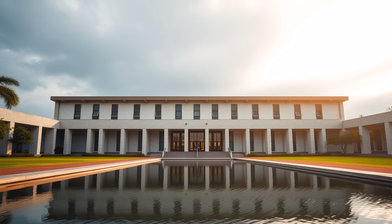 Itamaraty Palace modernist exterior with reflecting pool in Brasília in editorial style