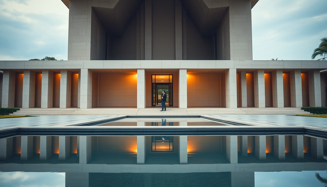 Itamaraty Palace modernist exterior with reflecting pool in Brasília em estilo editorial