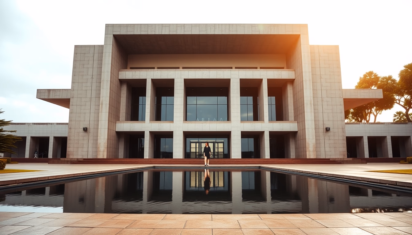 Itamaraty Palace modernist exterior with reflecting pool in Brasília in editorial style