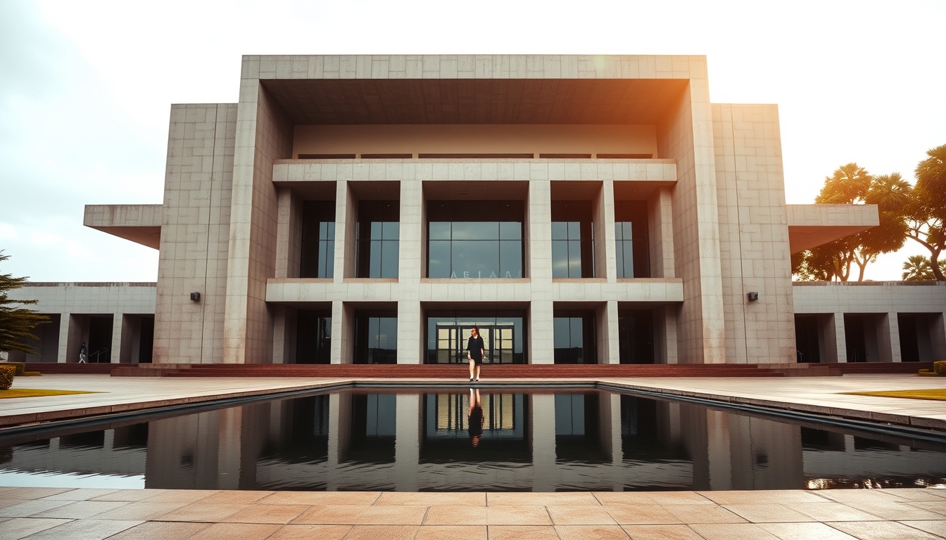 Itamaraty Palace modernist exterior with reflecting pool in Brasília em estilo editorial