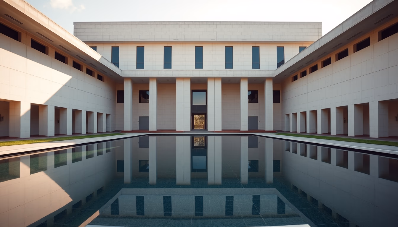 Itamaraty Palace modernist exterior with reflecting pool in Brasília in editorial style