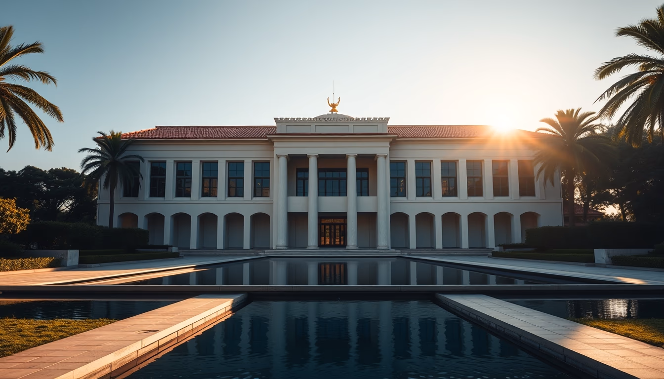 Itamaraty Palace modernist exterior with reflecting pool in Brasília in editorial style