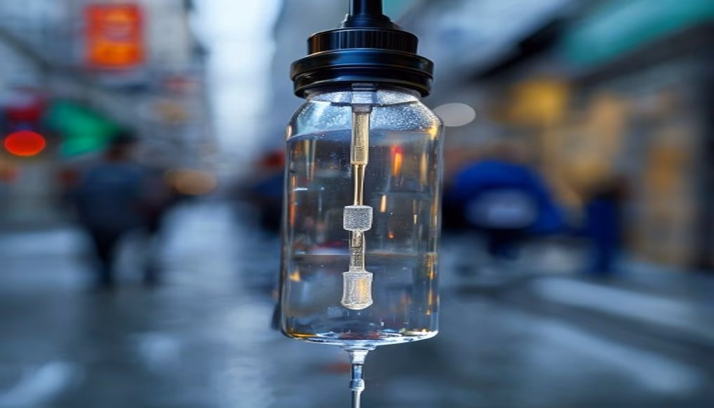 iv drip bag close-up sterile in editorial style