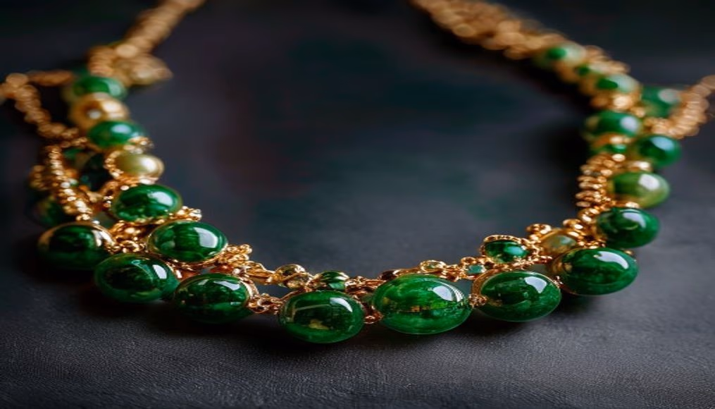 jadeite bead necklace imperial green in luxury editorial photography