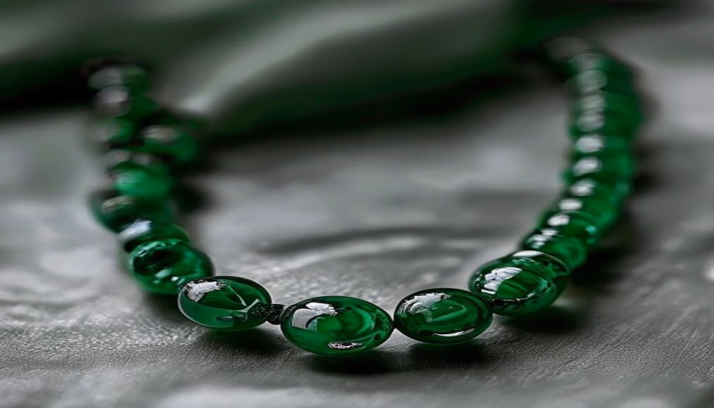 Jadeite bead necklace imperial green em fotografia editorial de luxo