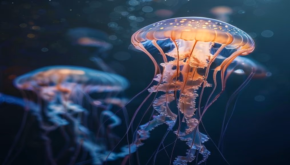 jellyfish glowing in dark in editorial style