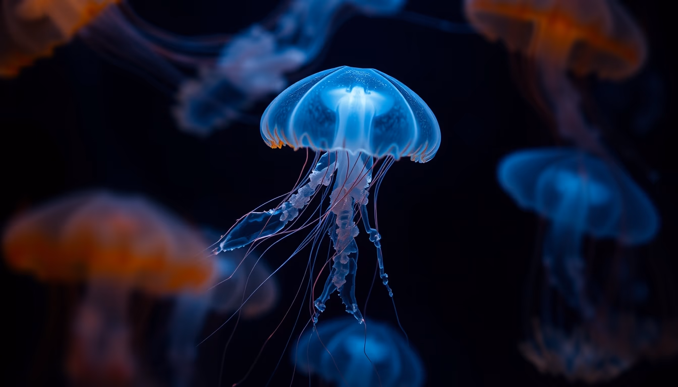 jellyfish glowing in dark in editorial style