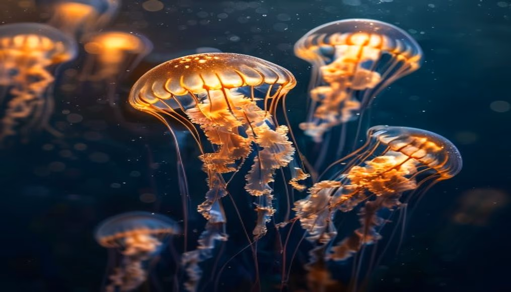 jellyfish glowing in dark in editorial style