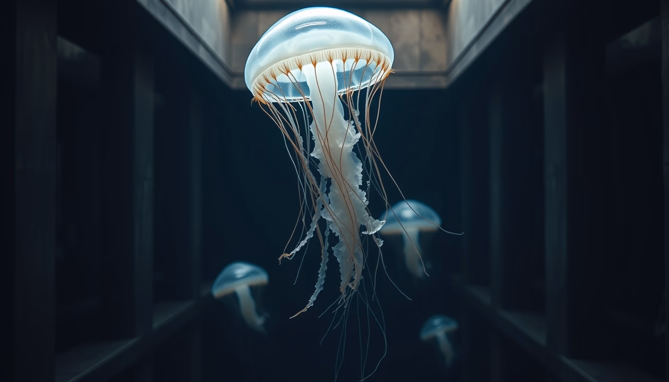 jellyfish translucent dark water in editorial style