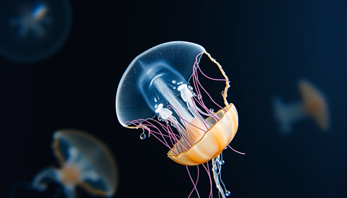 jellyfish translucent dark water in editorial style