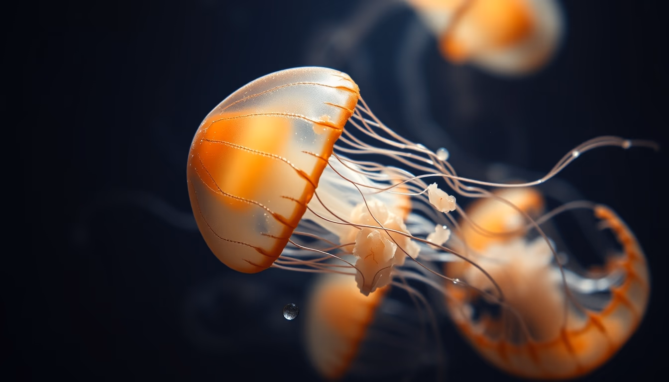 jellyfish translucent dark water in editorial style
