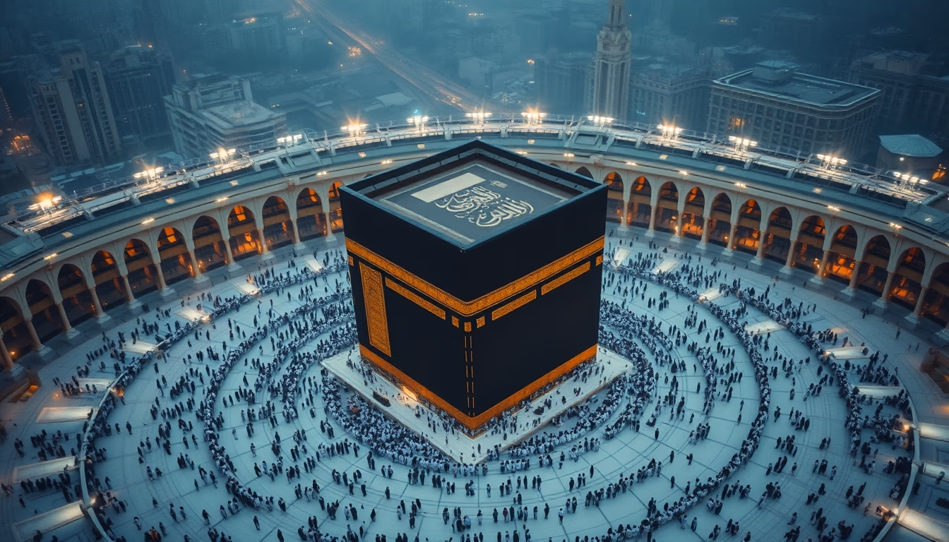 kaaba mecca aerial in editorial style