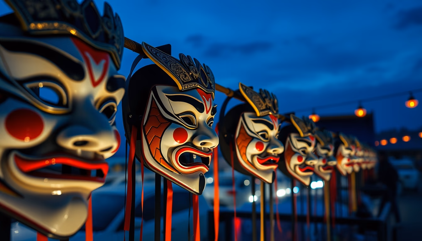 kabuki masks display in editorial style