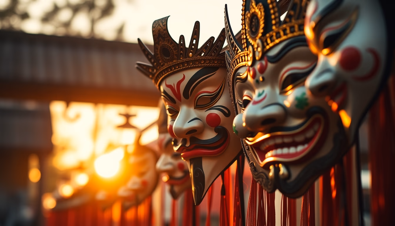 kabuki masks display in editorial style