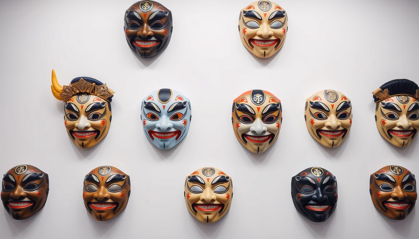 kabuki masks display in editorial style