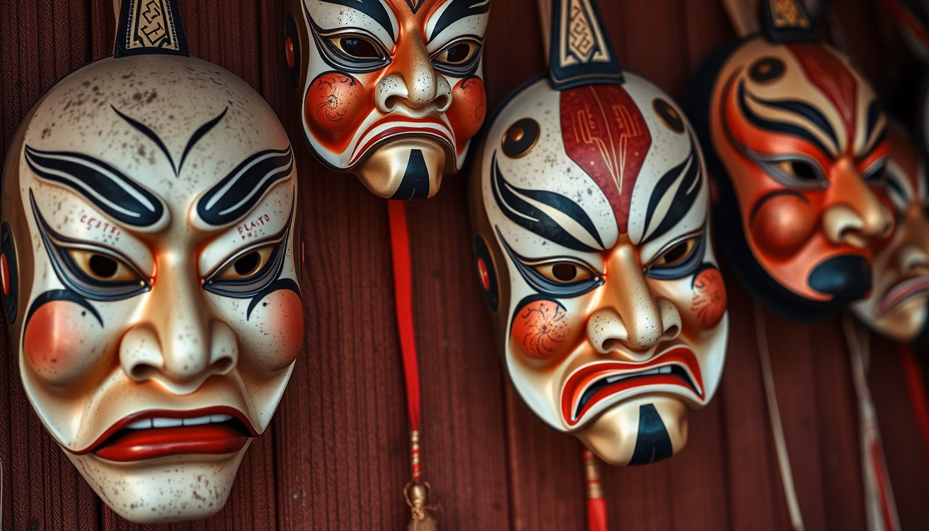 kabuki masks display in editorial style