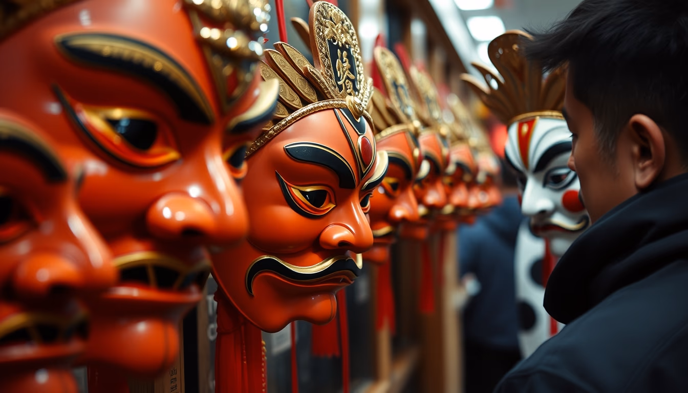 kabuki masks display in editorial style