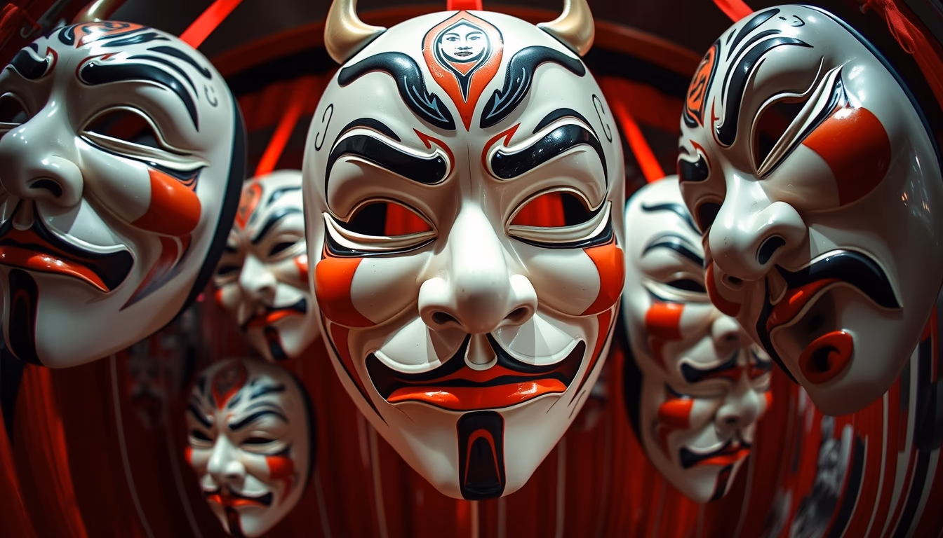 kabuki masks display in editorial style