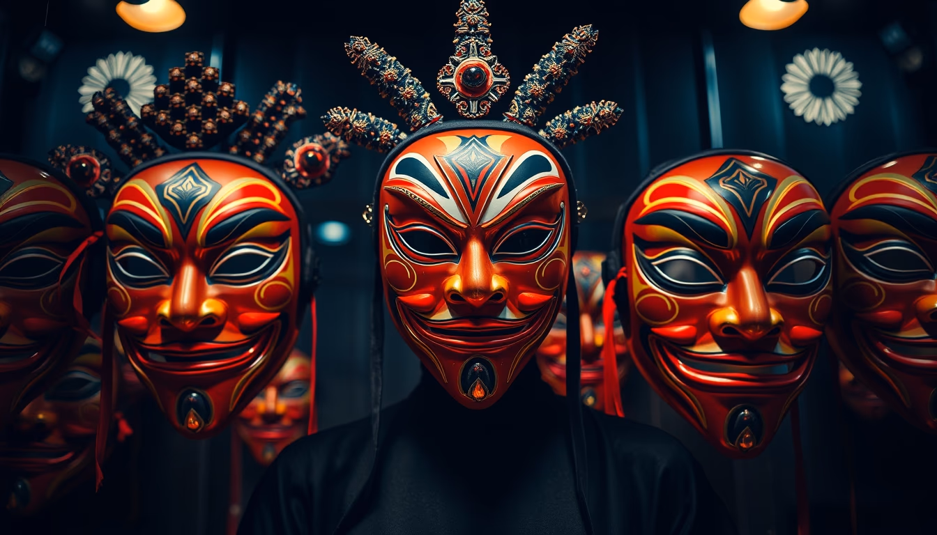 kabuki masks display in editorial style