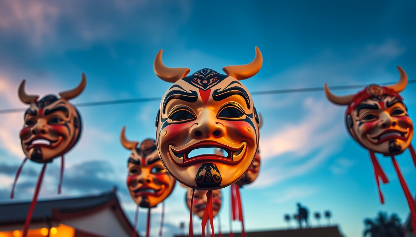 kabuki masks display in editorial style